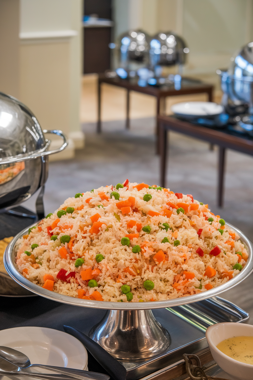 Indoor buffet scene of a serving dish filled with rice pilaf speckled with diced carrots, peas, and red bell pepper. No text or logos.