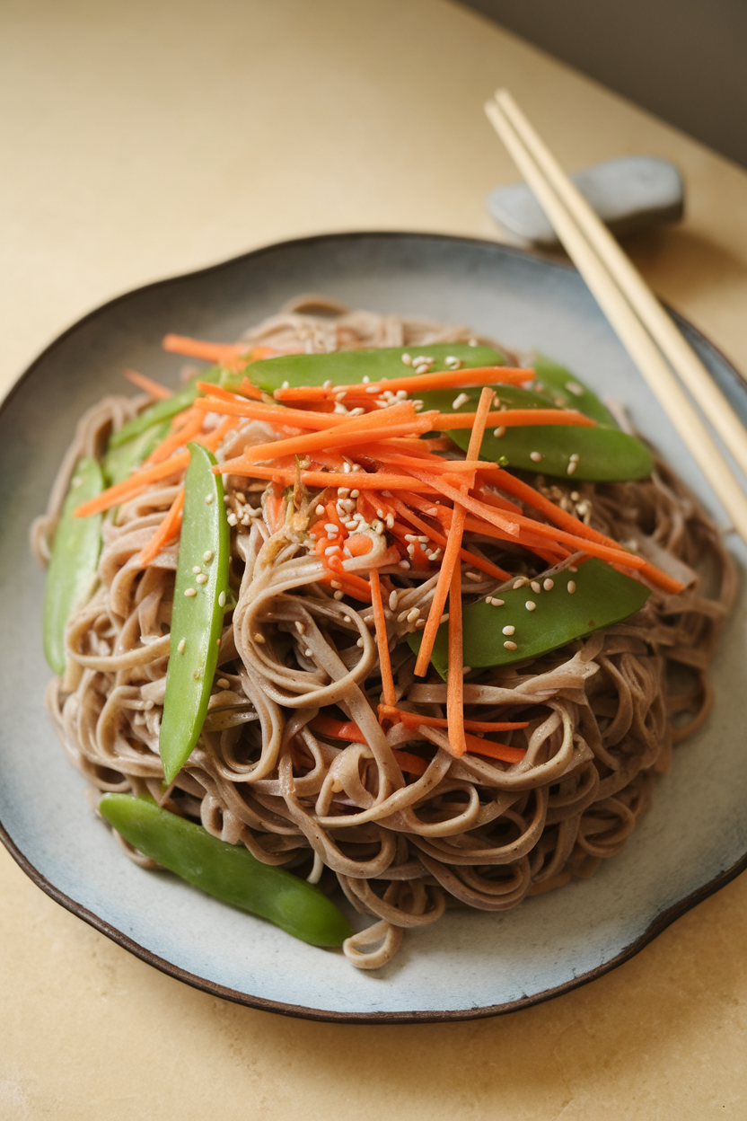 Indoor photo of a platter of chilled soba noodles tossed with julienned carrots, snap peas, and sesame seeds, chopsticks resting beside. No text or logos.