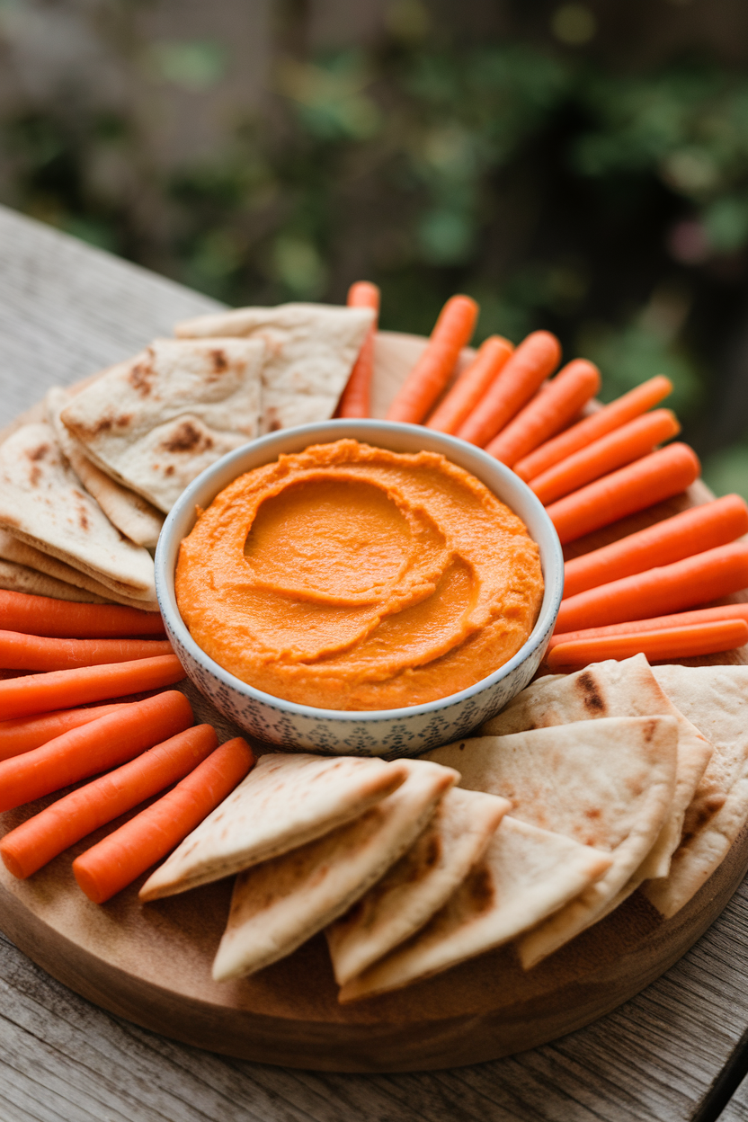 Photo of a bowl of vibrant orange hummus surrounded by carrot sticks and pita triangles on an indoor snack board. No text or logos. Photo, not illustration.
