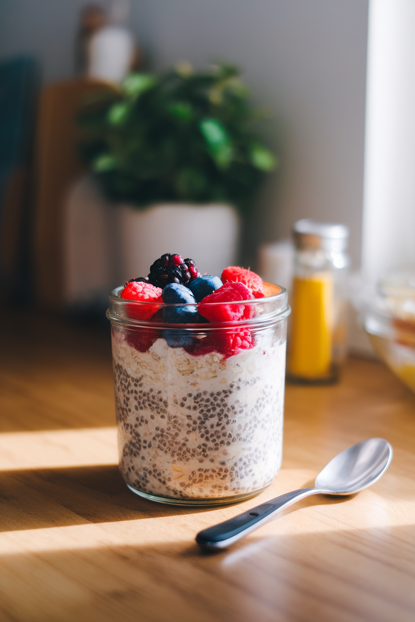 An indoor photo of a glass jar filled with layered overnight oats, chia seeds, and fresh mixed berries on a wooden kitchen counter lit by soft morning light. No text or logos anywhere in the frame.