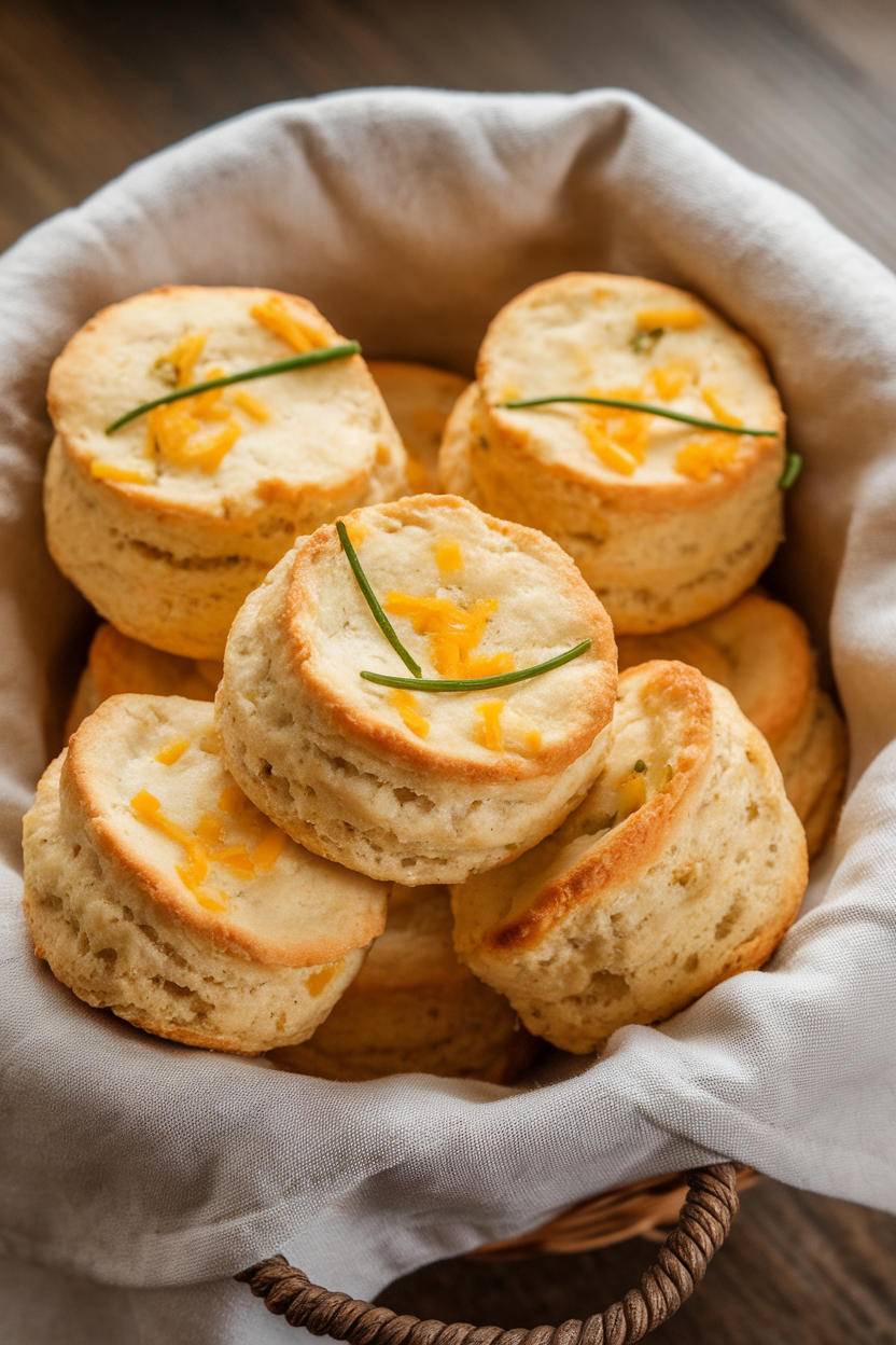 Indoor photo of flaky biscuits studded with cheddar and chives on a linen-lined basket, no text or logos