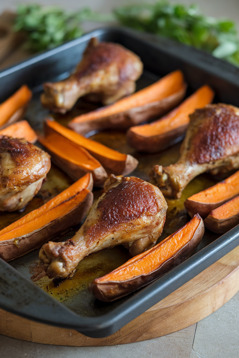 An indoor baking tray filled with crisp-skinned chicken drumsticks and caramelized sweet potato wedges. No text or logos. Photo only.
