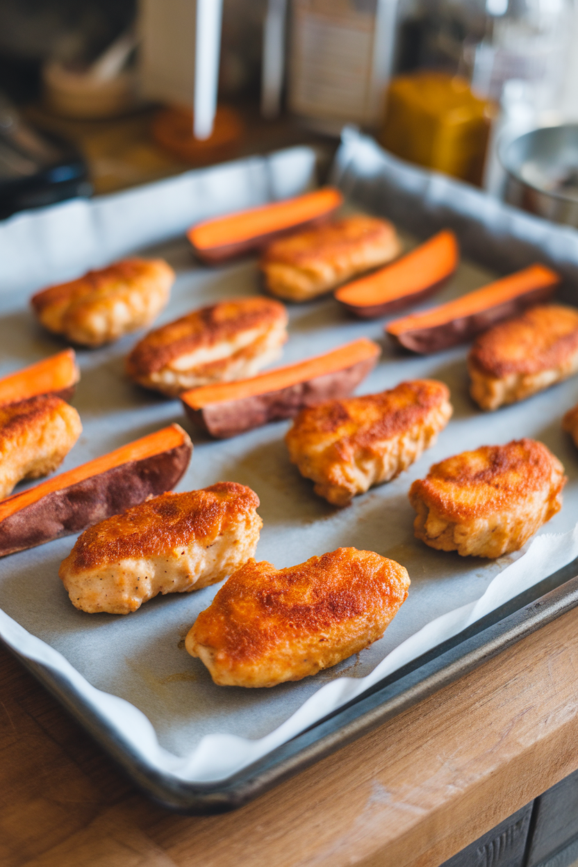 Indoor photo of a parchment-lined sheet pan with golden oven-baked chicken tenders and sweet potato wedges, no text or logos