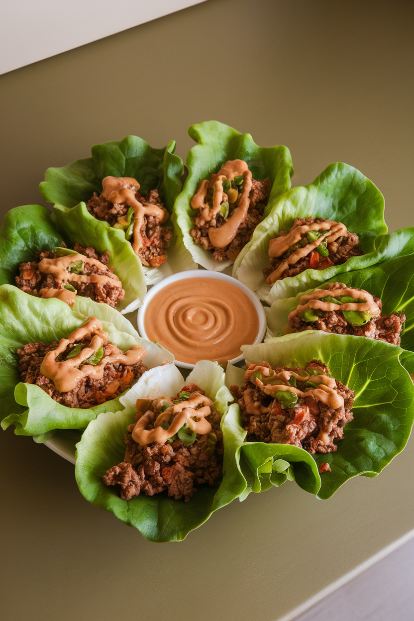 Indoor table showing lettuce leaves filled with minced beef and vegetables, peanut sauce drizzled on top. No logos; photo.