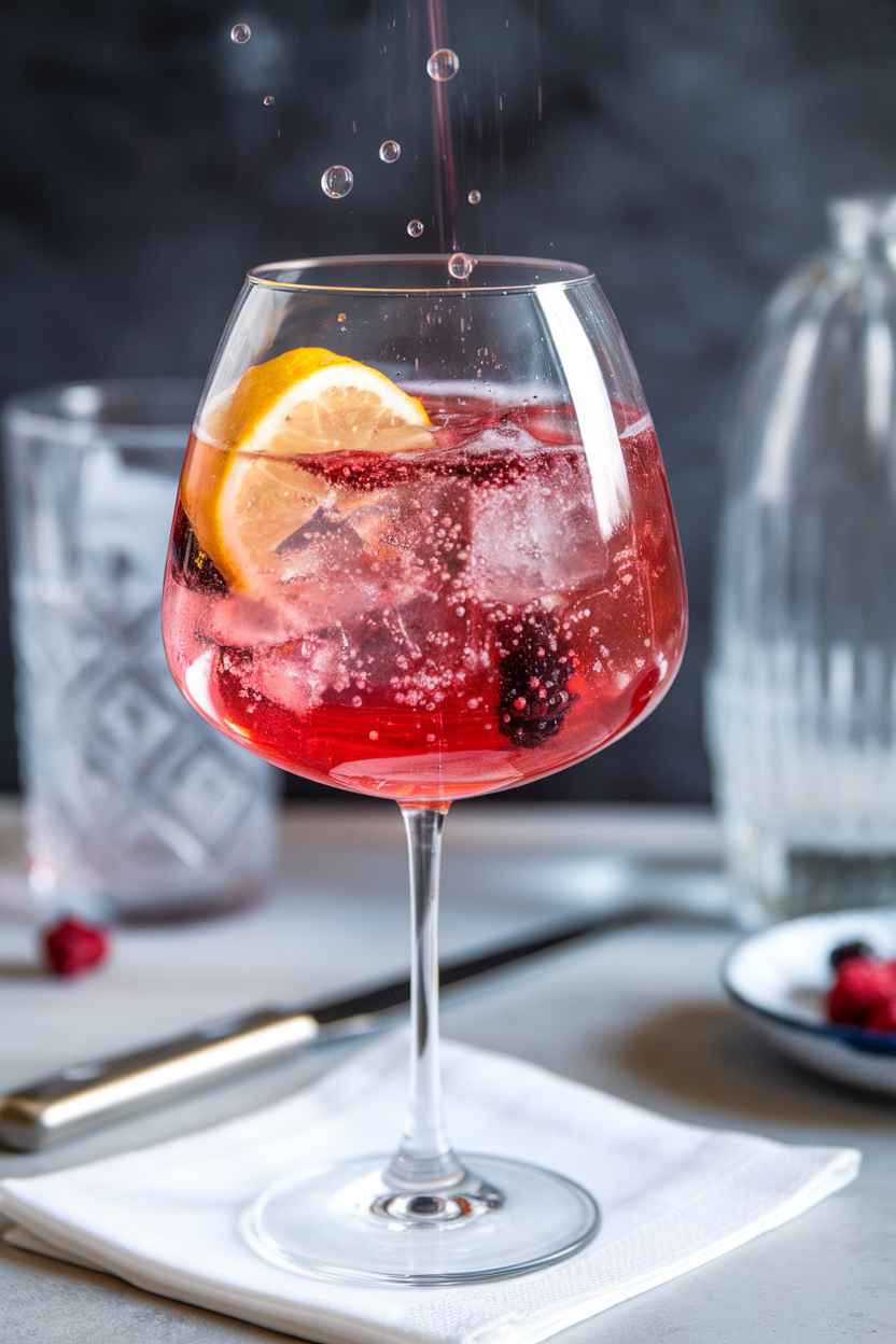 Indoor brunch table holding a large wine glass of ruby sloe gin spritz over ice, bubbles rising, a thin lemon wheel floating inside. No text or logos; photograph, not illustration.