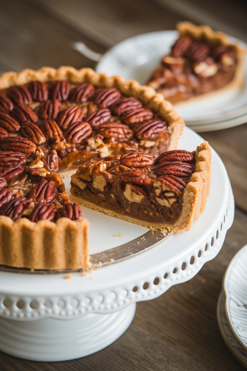 Indoor photo of a sliced pecan pie showing gooey filling and crunchy nut top on a cake stand, no text or logos