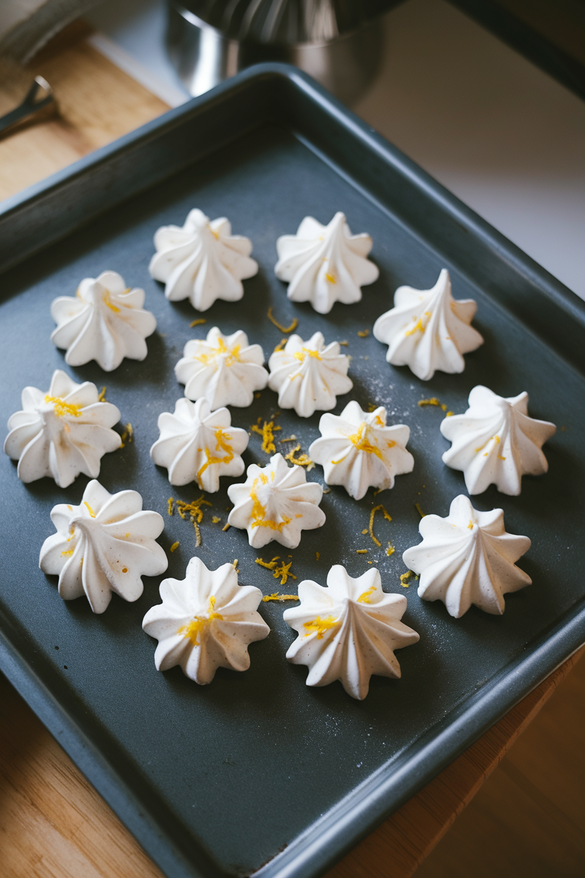 A baking tray indoors with airy white meringue snowflakes lightly dusted with lemon zest, shot from above. No text or logos, photo only.