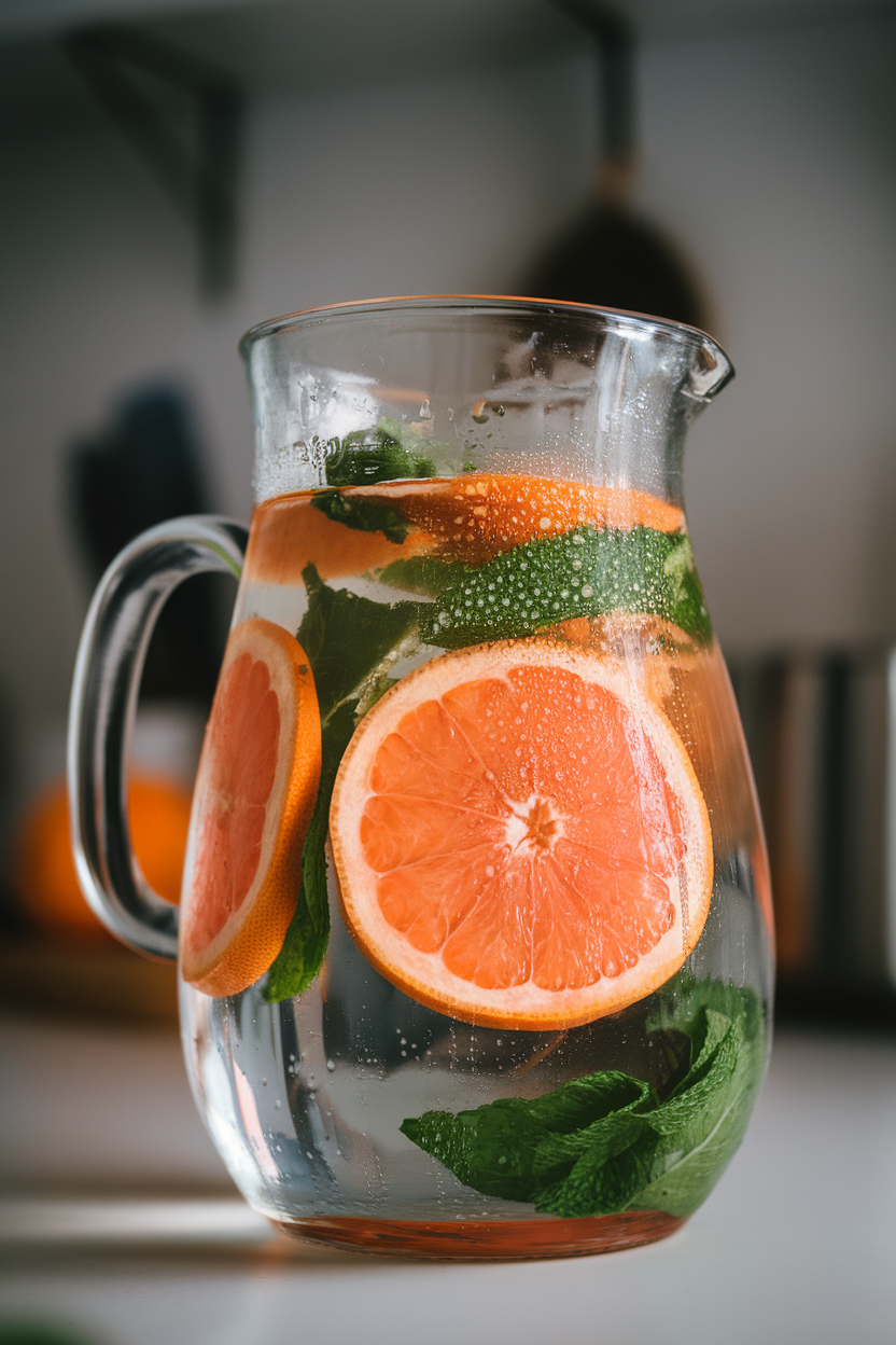 Indoor glass pitcher filled with water, floating grapefruit slices and fresh mint leaves, condensation on glass. No text or logos. Photo only.