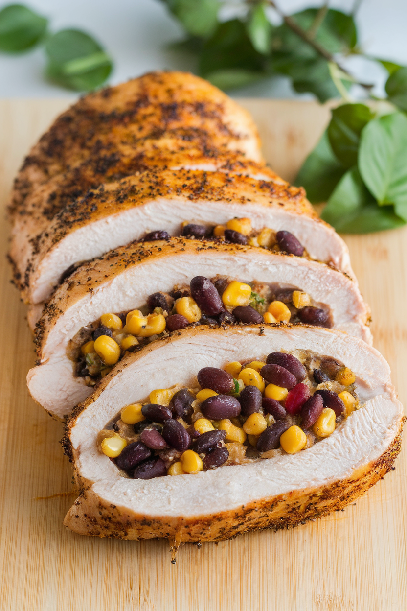 Indoor photo of sliced chicken breast showing black bean and corn stuffing; no text or logos