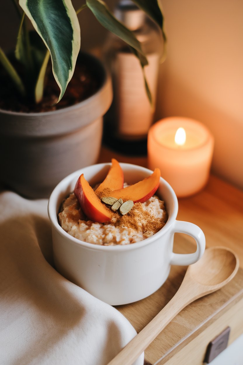 Indoor cozy corner with oatmeal topped by ripe persimmon wedges and a sprinkle of cardamom. No text or logos. Photo.
