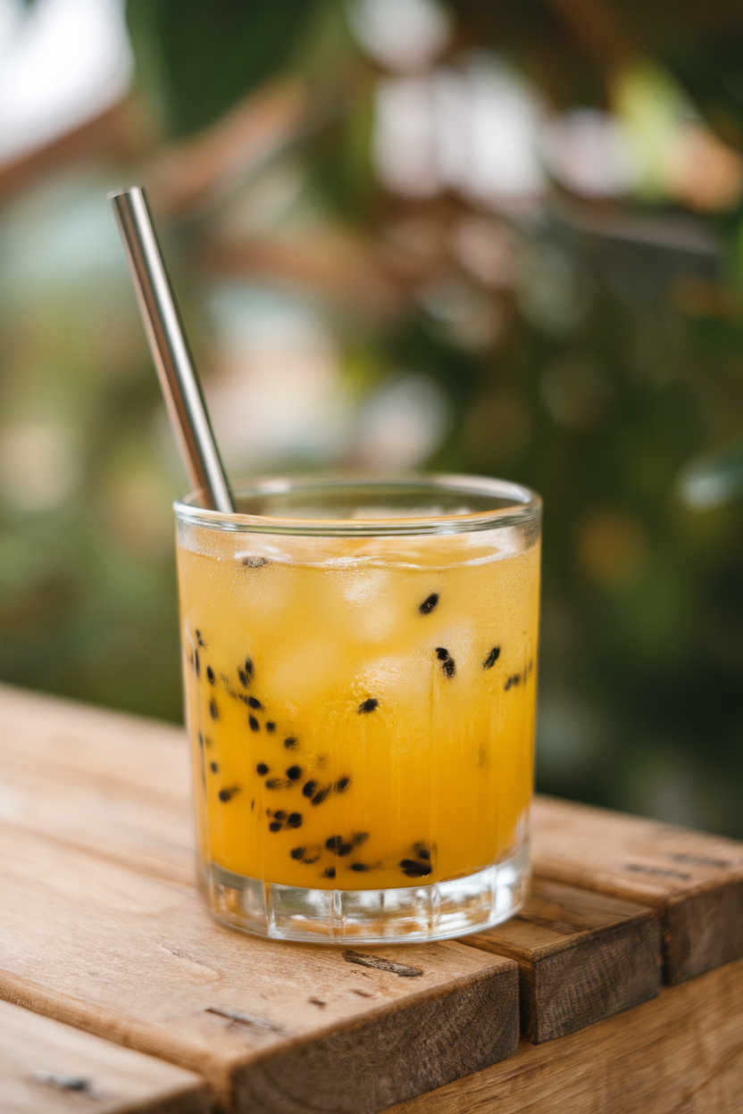 Indoor photo of rocks glass with golden passionfruit mocktail, black seeds visible, metal straw; no text or logos.