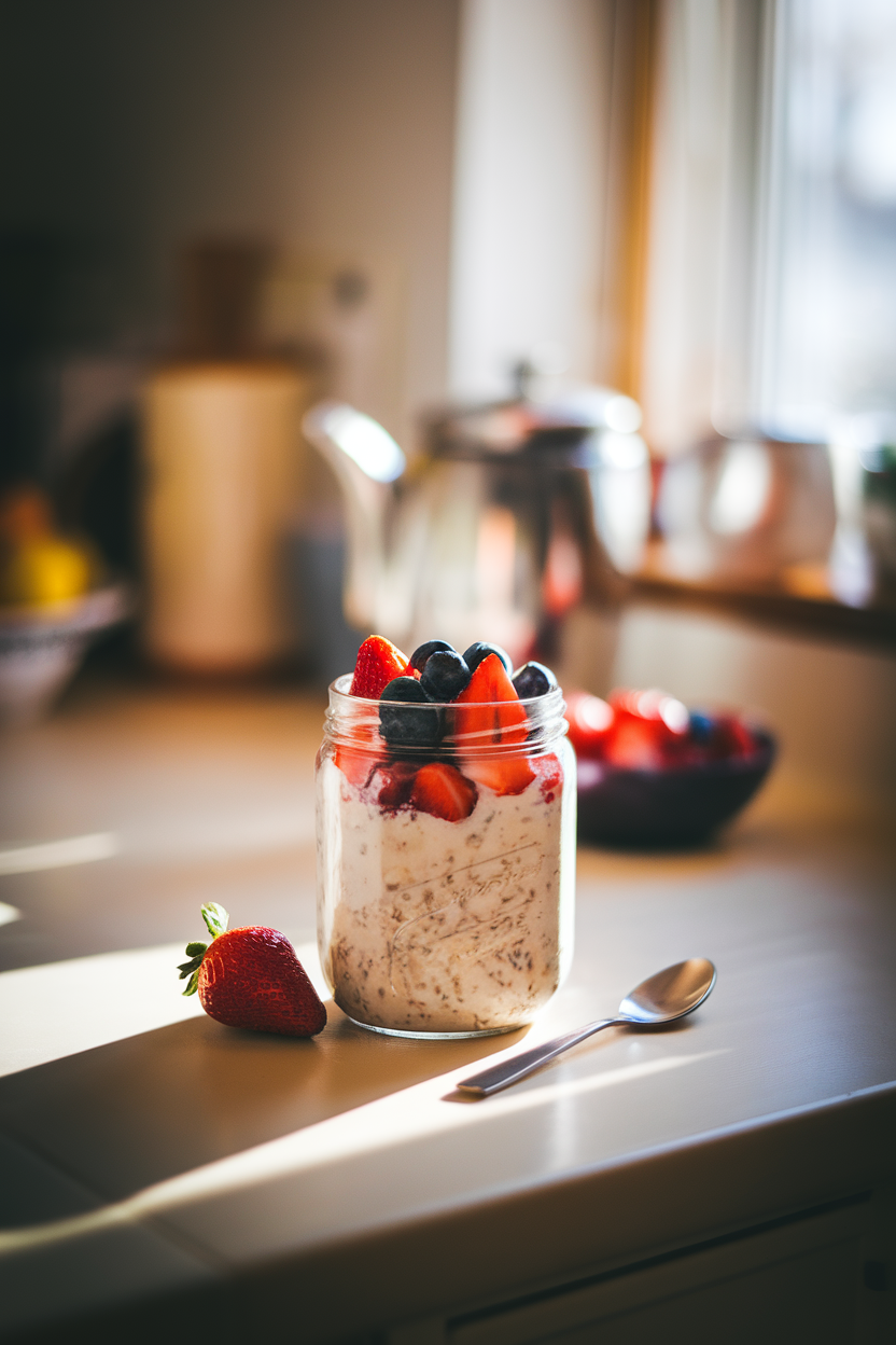An indoor kitchen countertop scene featuring a glass jar of creamy overnight oats layered with fresh strawberries and blueberries, a small spoon resting beside it, warm morning light filtering in. No text or logos anywhere in the frame.