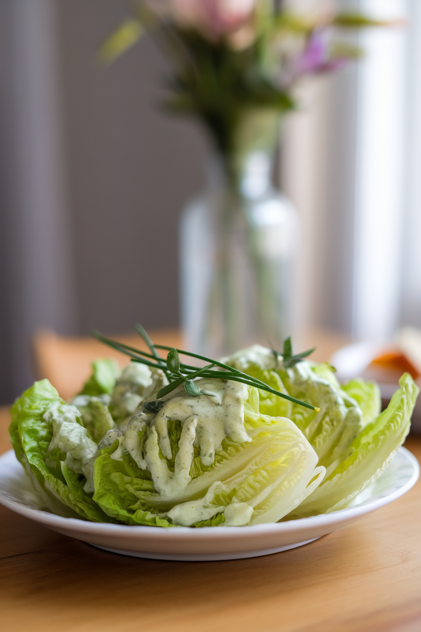 Photo of an indoor dining table showing baby gem lettuce wedges drizzled with creamy green goddess dressing, topped with chives and tarragon leaves. No text or logos.