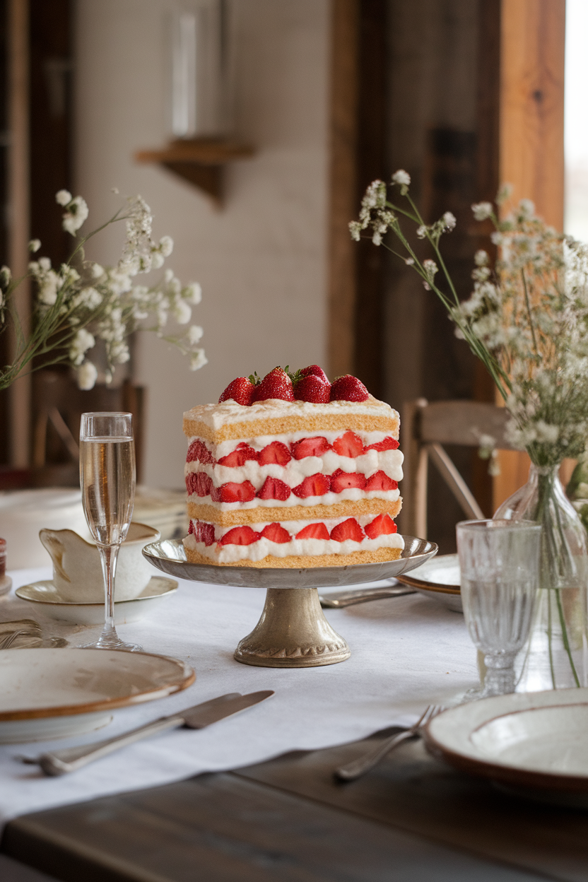 An indoor farmhouse table featuring a tall shortcake slice layered with macerated strawberries and champagne-whipped cream. No text or logos. Photo, not illustration.