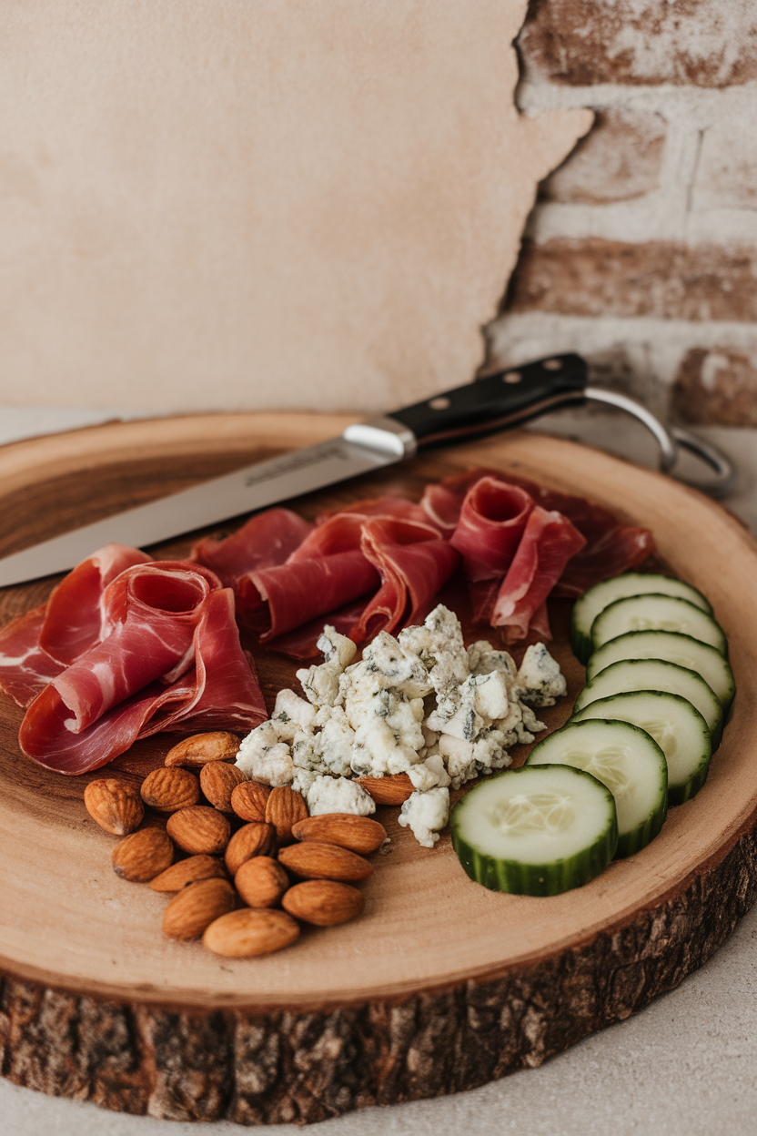 Indoor image of a board holding capicola, blue cheese crumbles, roasted almonds, and cucumber rounds; no logos or text