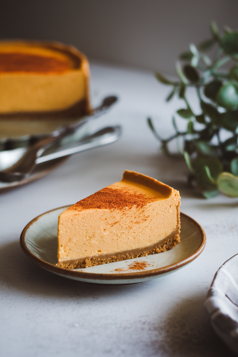 Indoor image of creamy sweet potato cheesecake slice on a small plate, cinnamon dusting on top, no text or logos.
