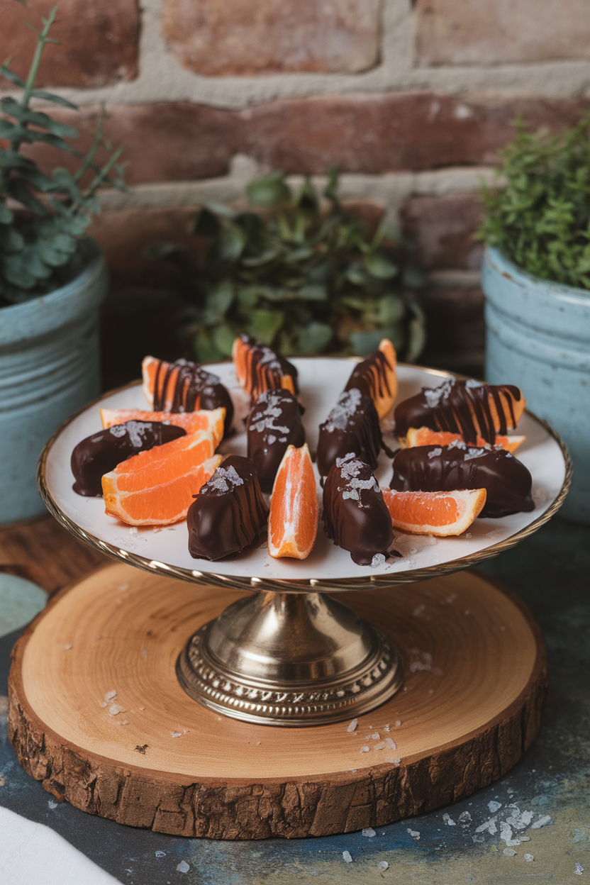An indoor dessert platter featuring clementine wedges half-dipped in glossy dark chocolate and sprinkled with flaky sea salt—no text or logos; photo, not illustration
