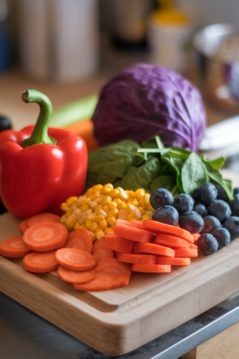 An indoor wooden cutting board arranged with red bell pepper, orange carrot coins, yellow corn, green spinach, blueberries, and purple cabbage—photo, no text or logos.