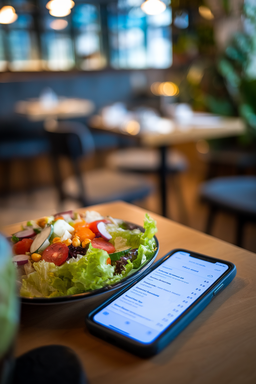 Indoor photo of a smartphone displaying a menu while a salad sits nearby on a dining table. No text or logos. Photo, not illustration.