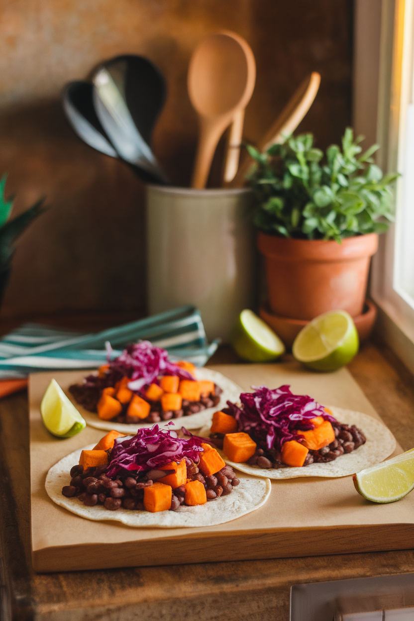 A warmly lit indoor counter with corn tortillas filled with roasted sweet potato cubes, black beans, and purple cabbage slaw, lime wedges nearby. No text or logos. Photo.
