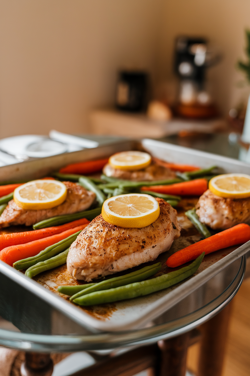An indoor dining table showcasing a sheet pan of roasted chicken breast, carrots, and green beans with lemon slices on top; no text or logos, photo not illustration.