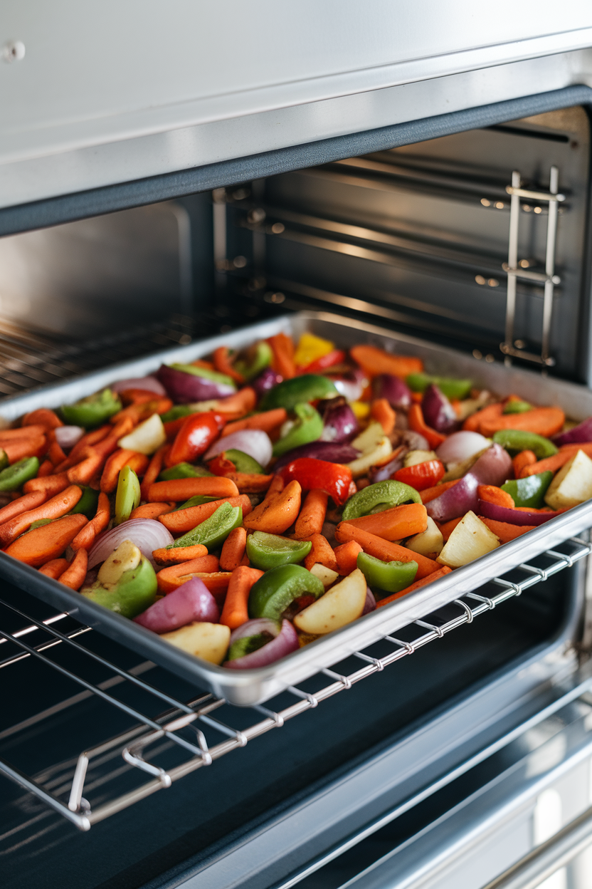 Indoor oven rack loaded with a stainless sheet pan holding rainbow roasted vegetables, no text or logos.