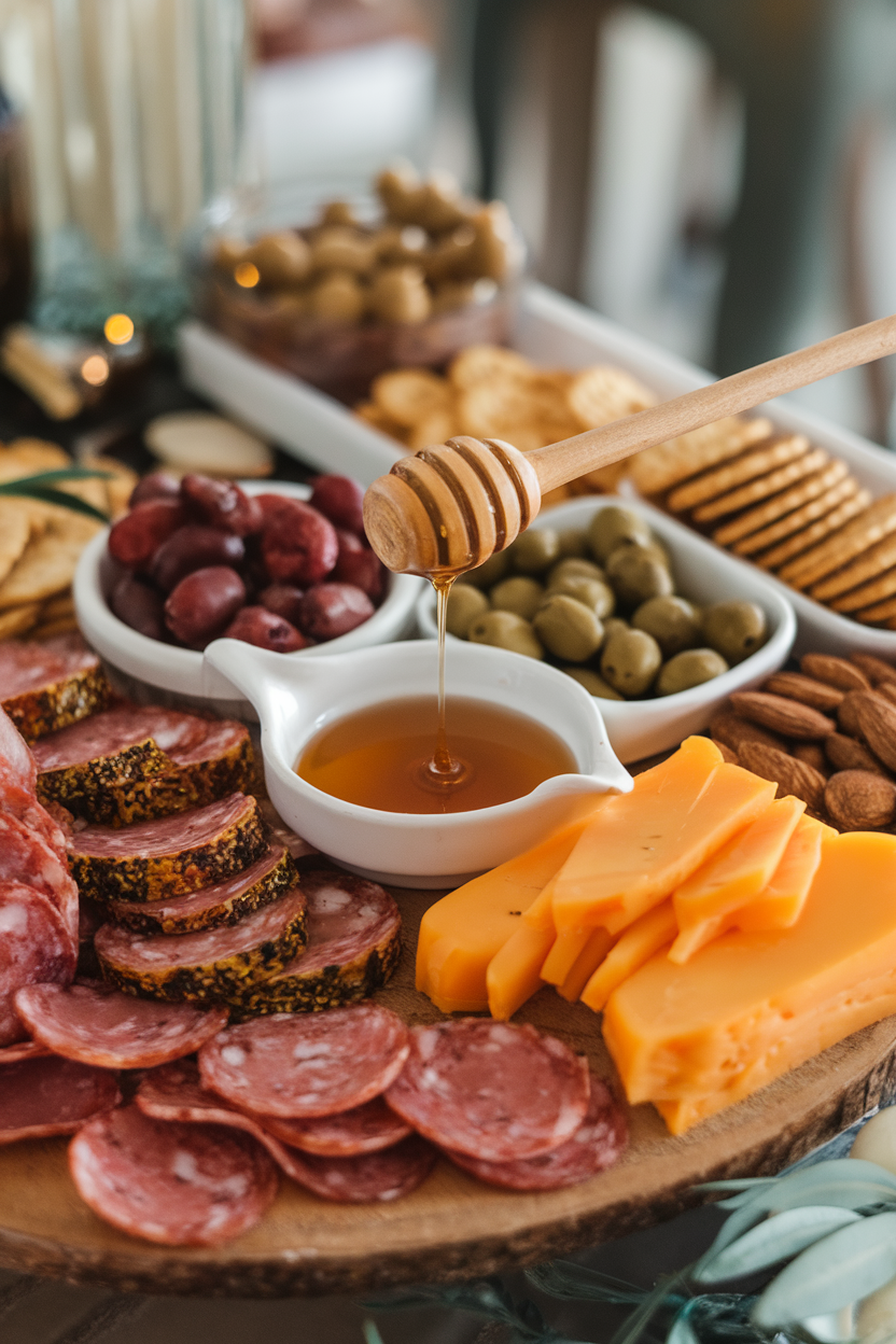Indoor party table with a board of pepper-crusted salami, habanero cheddar, pickled Fresno chiles, and honey to drizzle; no visible logos or text.
