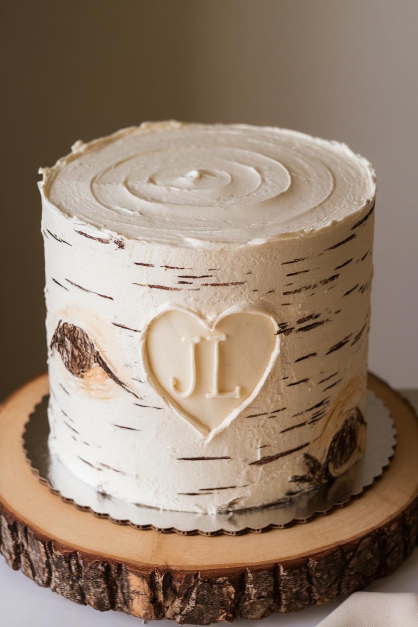 Indoor shot of a buttercream-coated cake textured and painted to look like white birch bark, complete with dark “knots” and initials carved in a heart. No brands, realistic photo.