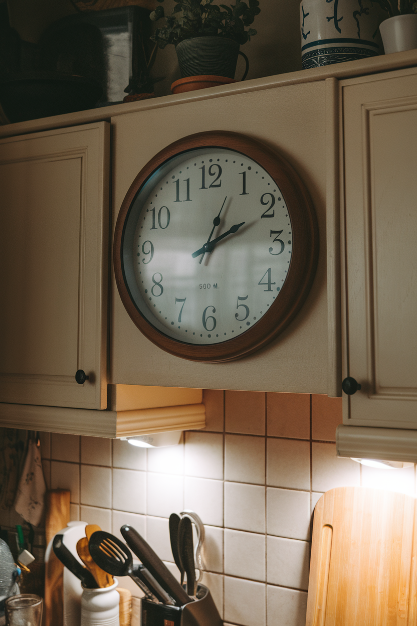 A wall clock showing 8:00 p.m. above a darkened kitchen counter, only under-cabinet lights glowing. No logos or text. Photo.