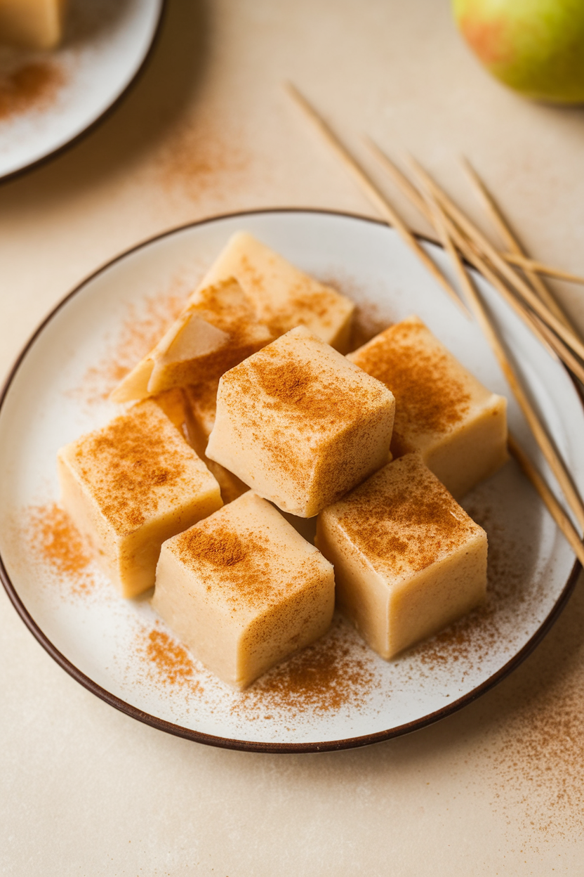 An indoor dessert plate with cube-shaped apple cider gelée dusted with cinnamon, toothpicks on the side—no text or logos; photo, not illustration