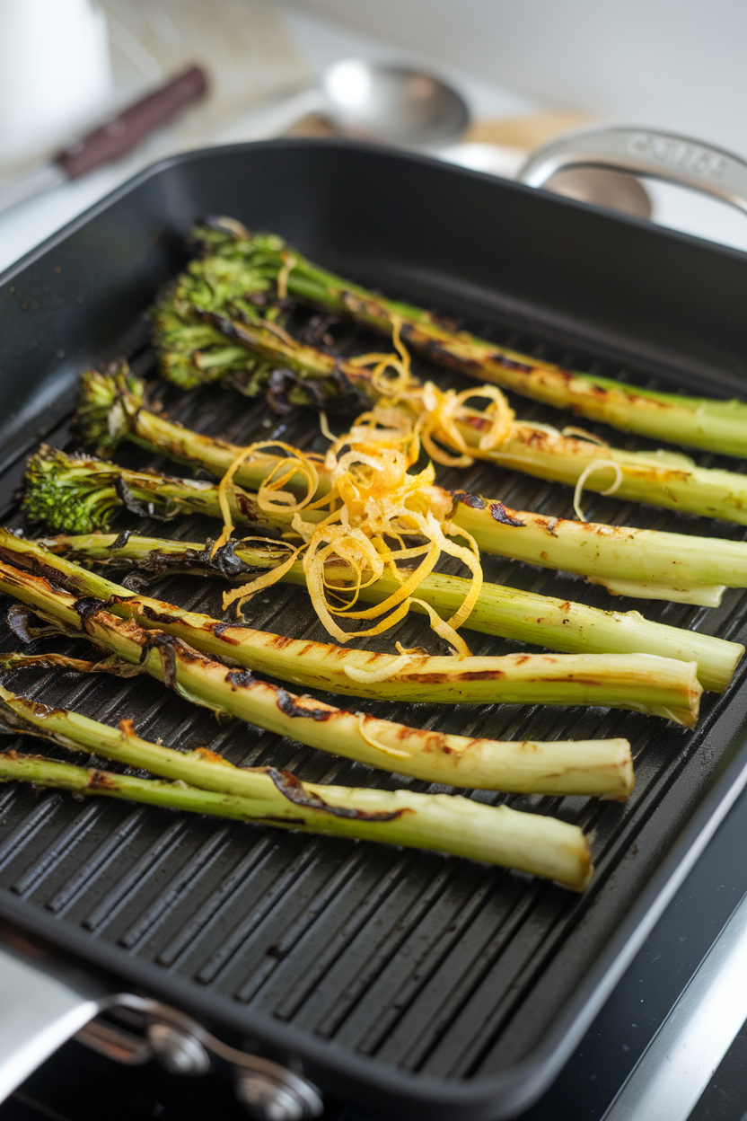 An indoor grill pan showcasing lightly charred broccolini stalks, lemon zest scattered on top. Photo, no text or logos.