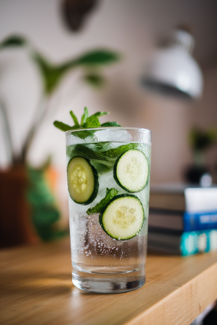 Indoor highball glass with sliced cucumbers, mint leaves, sparkling water, and ice, condensation visible; no text or logos, photo style.
