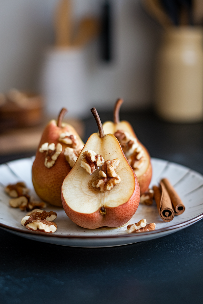 Indoor dessert plate showing baked pear halves topped with chopped walnuts and cinnamon, no text or logos