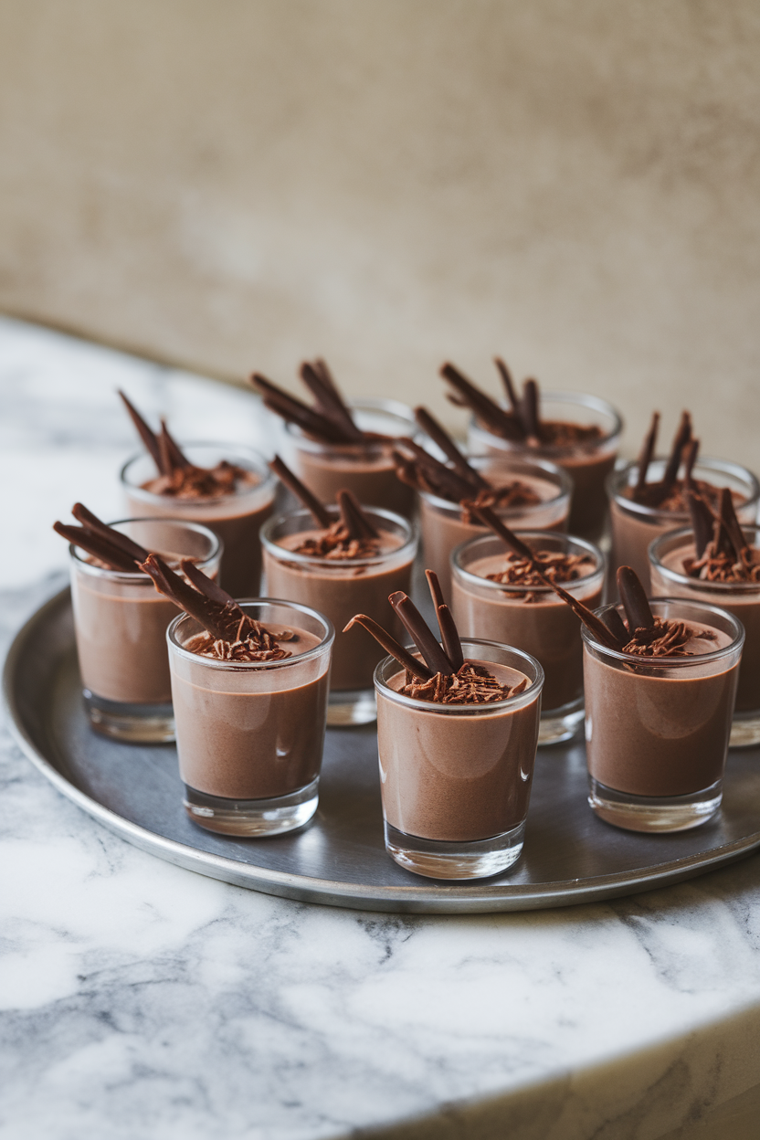 Photo of an indoor tray holding petite shot glasses filled with silky chocolate mousse, each topped with shaved chocolate. No text or logos present.
