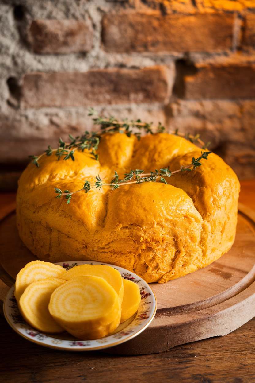An indoor scene with a bright yellow beet bread, thyme sprigs on top, sliced golden beets on a small plate. No text or logos. Photo only.