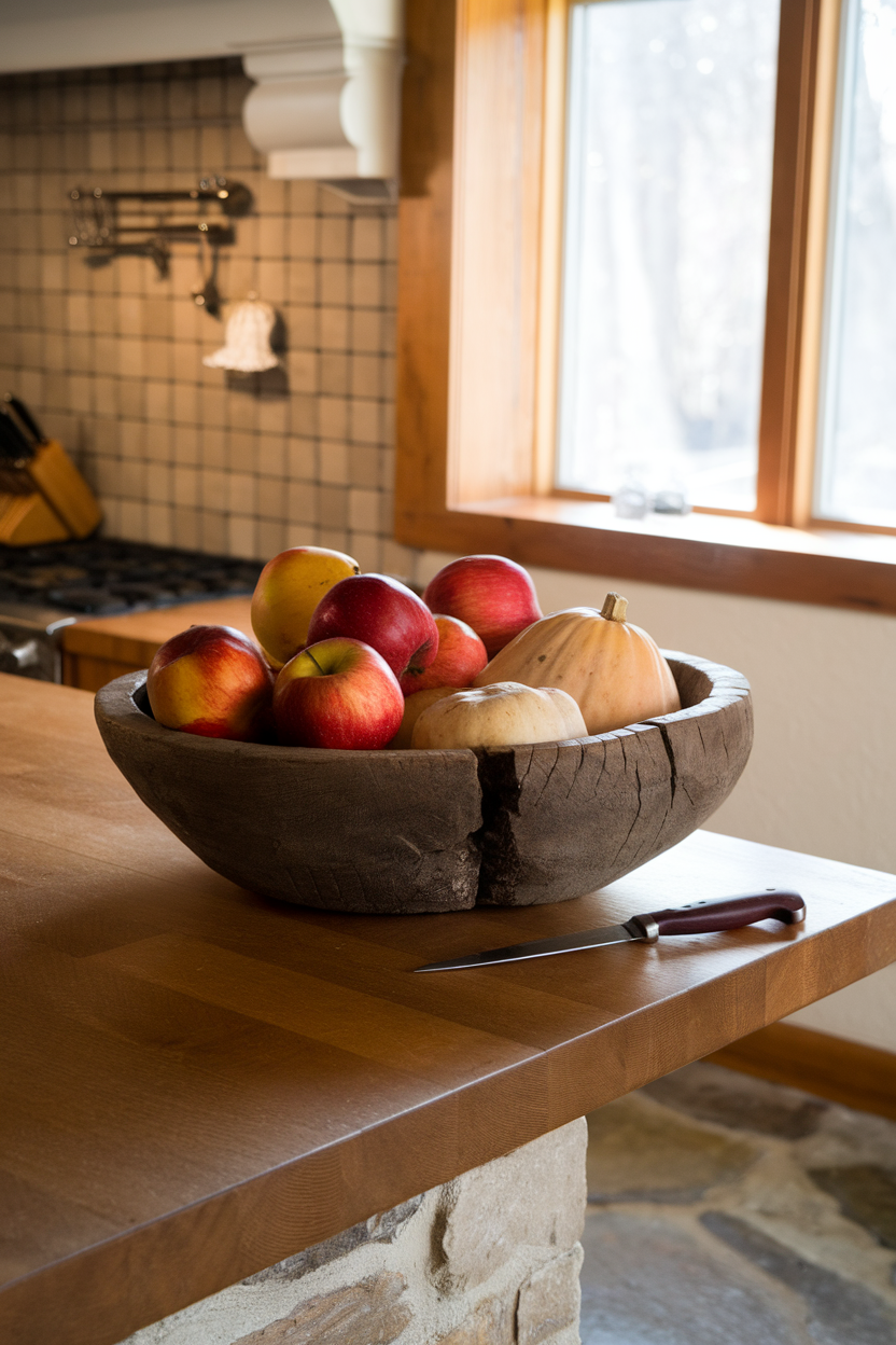 Photo prompt: An indoor kitchen island featuring a rustic bowl filled with seasonal apples and winter squash, natural window light, no logos or text.