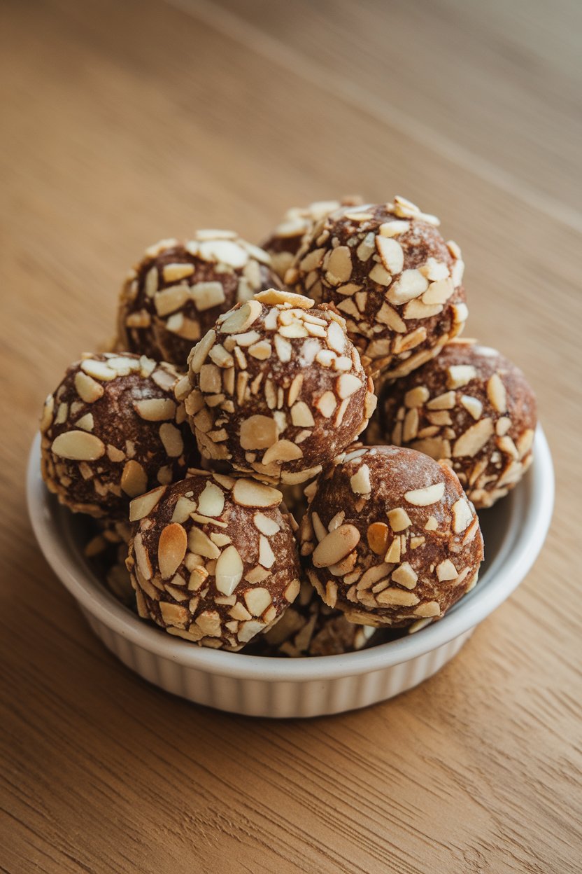 A small indoor dish piled high with round cocoa energy balls rolled in finely chopped almonds. No text or logos. Photo.