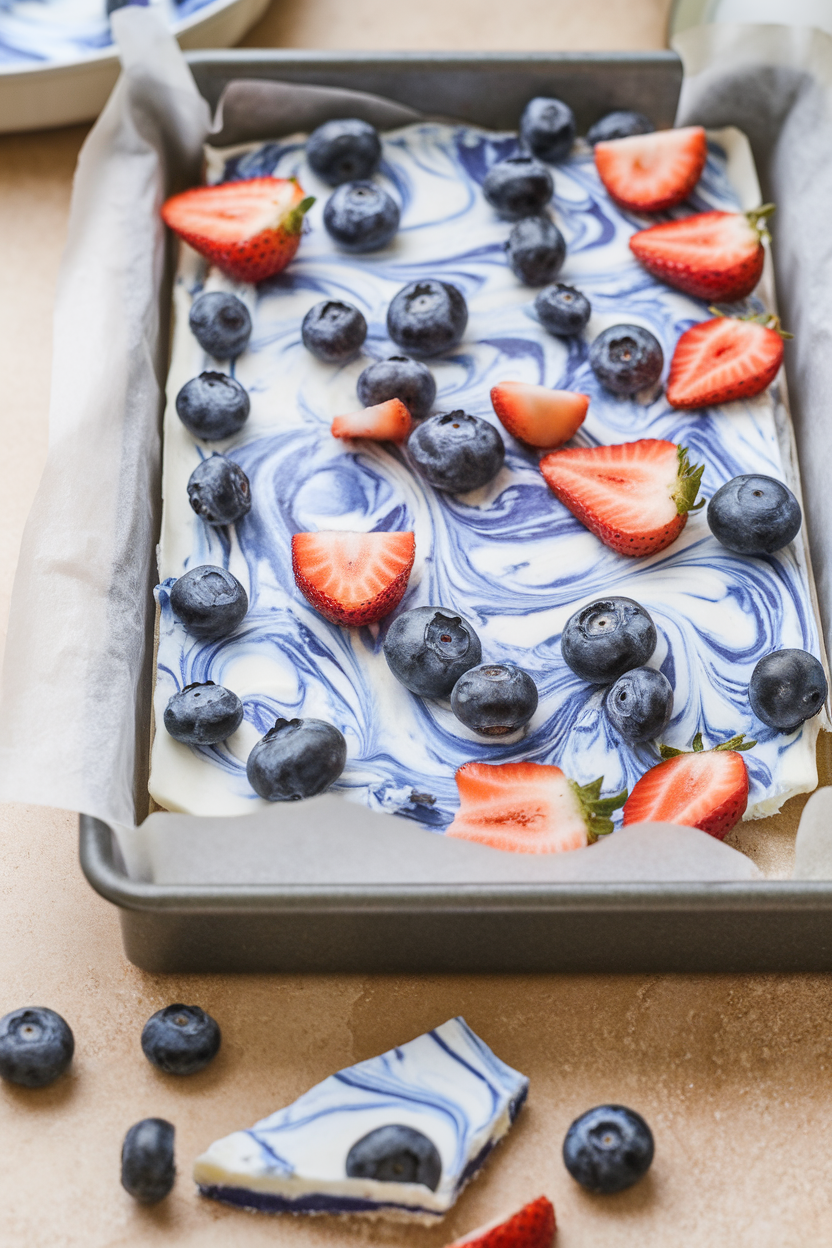An indoor freezer tray lined with parchment and topped with swirled yogurt bark studded with blueberries and strawberry slices; broken pieces in foreground, no text or logos, photo not illustration.