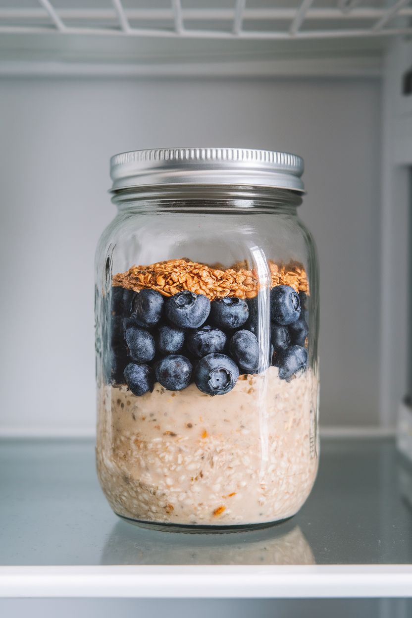 Indoor refrigerator shelf view of a lidded glass jar holding blueberry-studded overnight oats, a sprinkle of ground flax on top. No text or logos; photo.