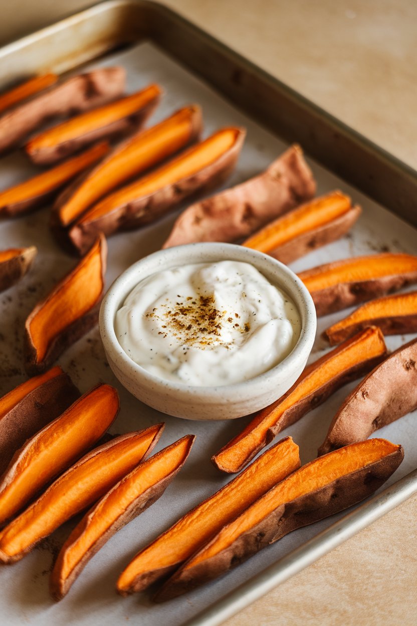 An indoor sheet pan of golden baked sweet potato fries alongside a small bowl of garlic yogurt dip. No logos or text.