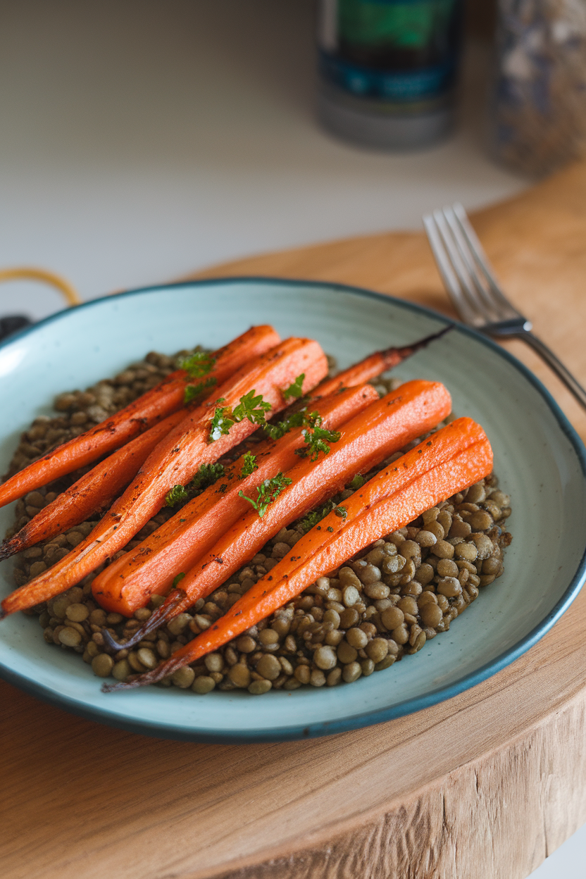 An indoor plate with golden roasted carrot sticks over a bed of green lentils, sprinkled with parsley. Photo, no text or logos.