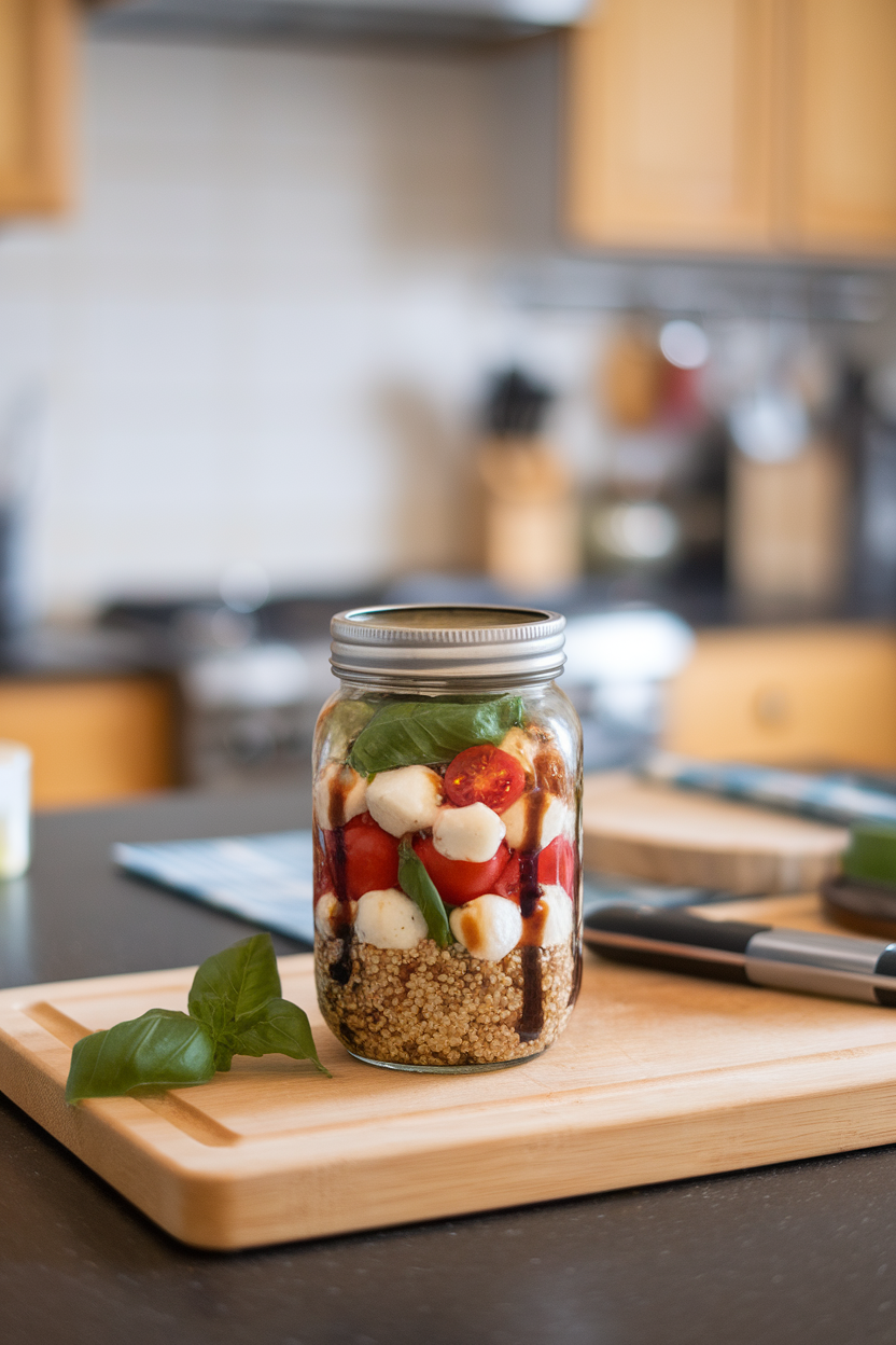 Photo of an indoor kitchen counter showing a mason jar layered with quinoa, cherry tomato halves, mini mozzarella balls, basil leaves, and balsamic drizzle. No logos or text.
