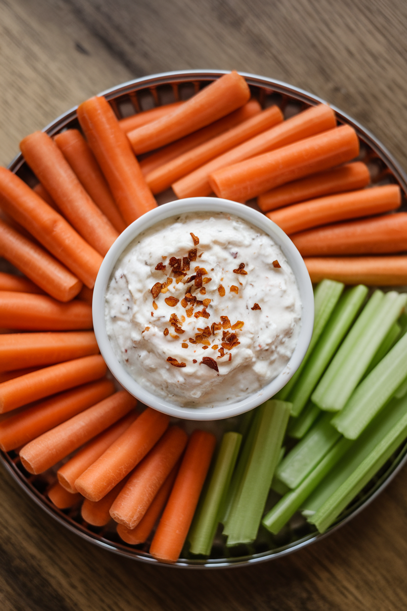 Photo of an indoor platter with a ramekin of blended cottage cheese dip flecked with chili flakes, surrounded by carrot and celery sticks. No logos present.
