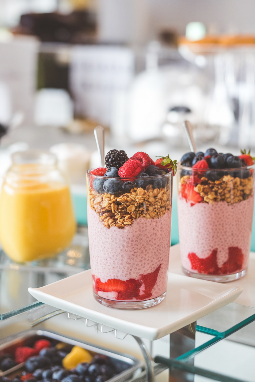 An indoor breakfast bar featuring a glass parfait layered with pink strawberry chia pudding, granola, and fresh berries. No text or logos.