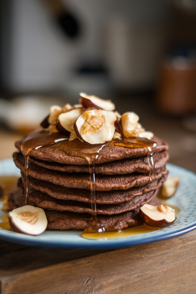 Indoor photo of rustic brown pancakes made from chestnut flour, topped with honey and roasted chestnut pieces; no text or logos.