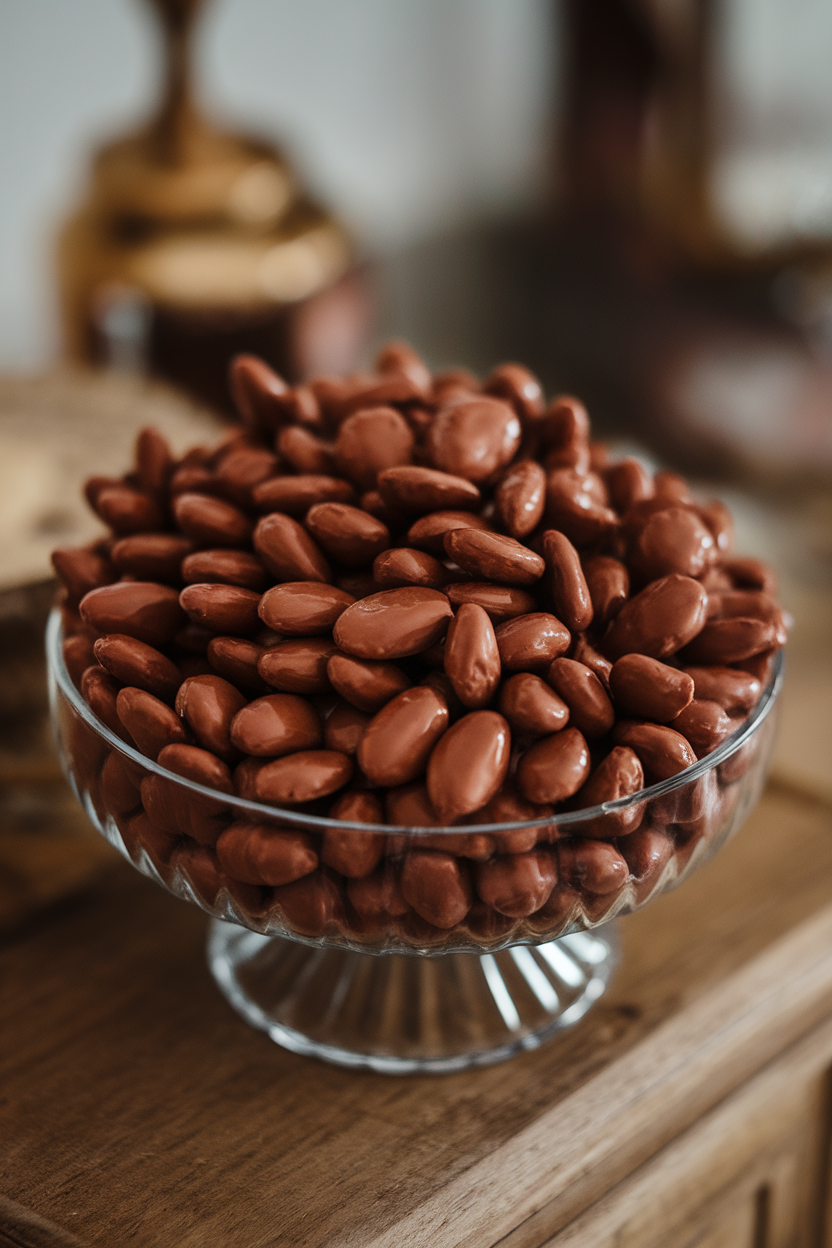 An indoor candy dish with small mounds of chocolate-coated pumpkin seeds, glossy finish—no text or logos; photo, not illustration