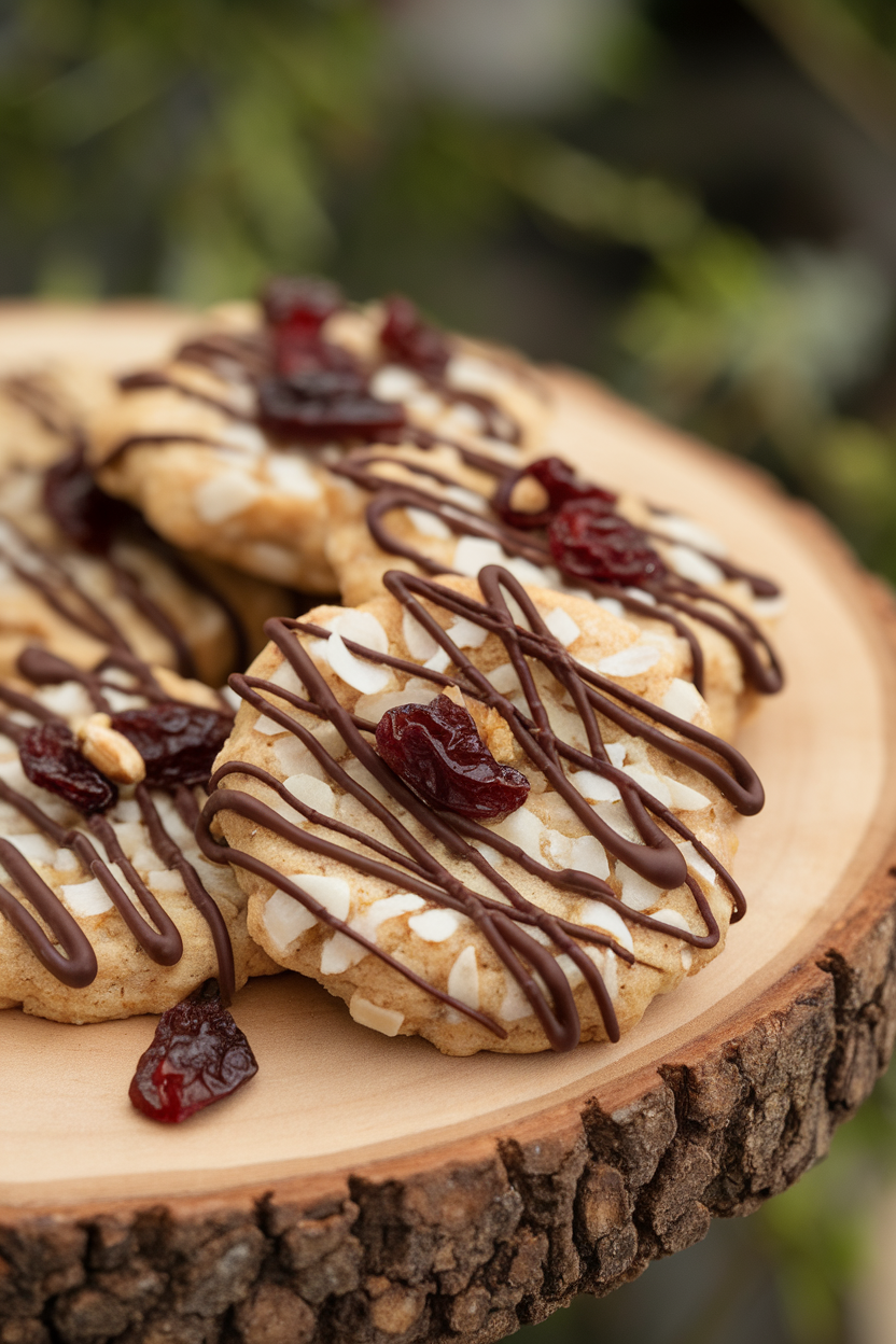 Photo prompt: Indoor scene with protein-boosted almond-coconut cookies drizzled in dark chocolate, no logos.