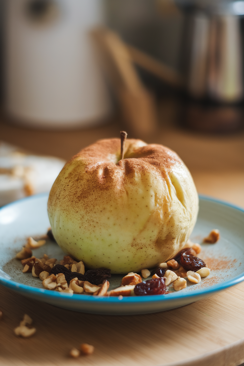 Indoor dessert plate featuring a warm baked apple, skin wrinkled, stuffed with chopped nuts and raisins, dusted with cinnamon; no text or logos, photo style.