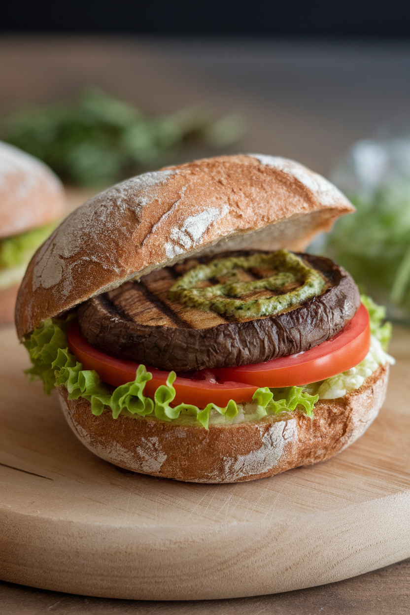 Indoor photo of a whole-grain bun holding a grilled portobello cap, lettuce, tomato, and pesto mayo; no text or logos.