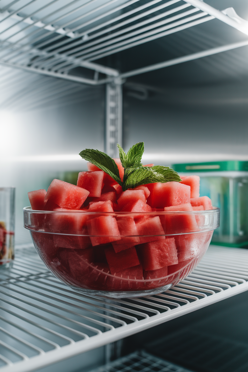 Photo, indoor fridge shelf displaying a clear bowl of ruby-red watermelon cubes, mint sprig garnish, no text or logos.